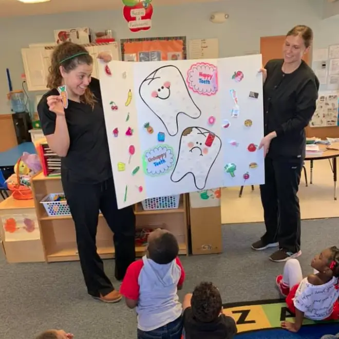 2 dental hygienists showing school kids a paper poster about dental health