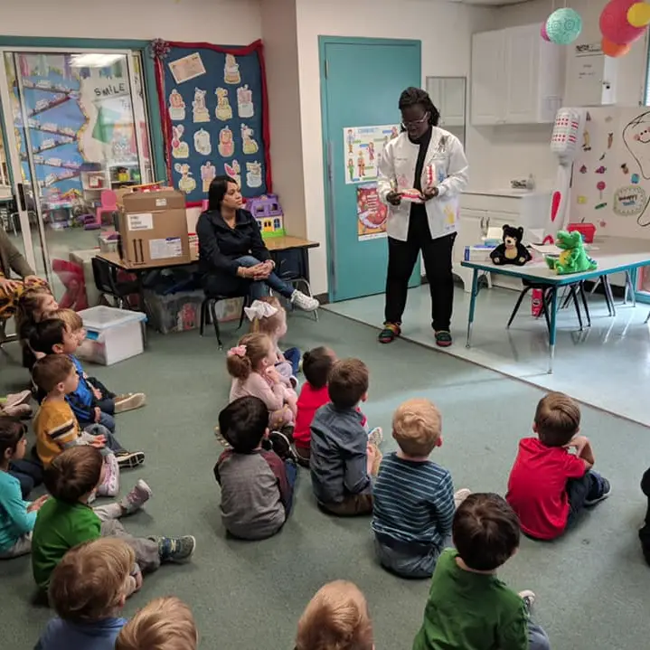 Dental hygienist speaking to a class of children showing them a model set of teeth
